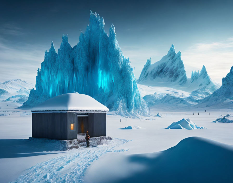 Snowy Landscape with Lone Cabin and Blue Ice Formations