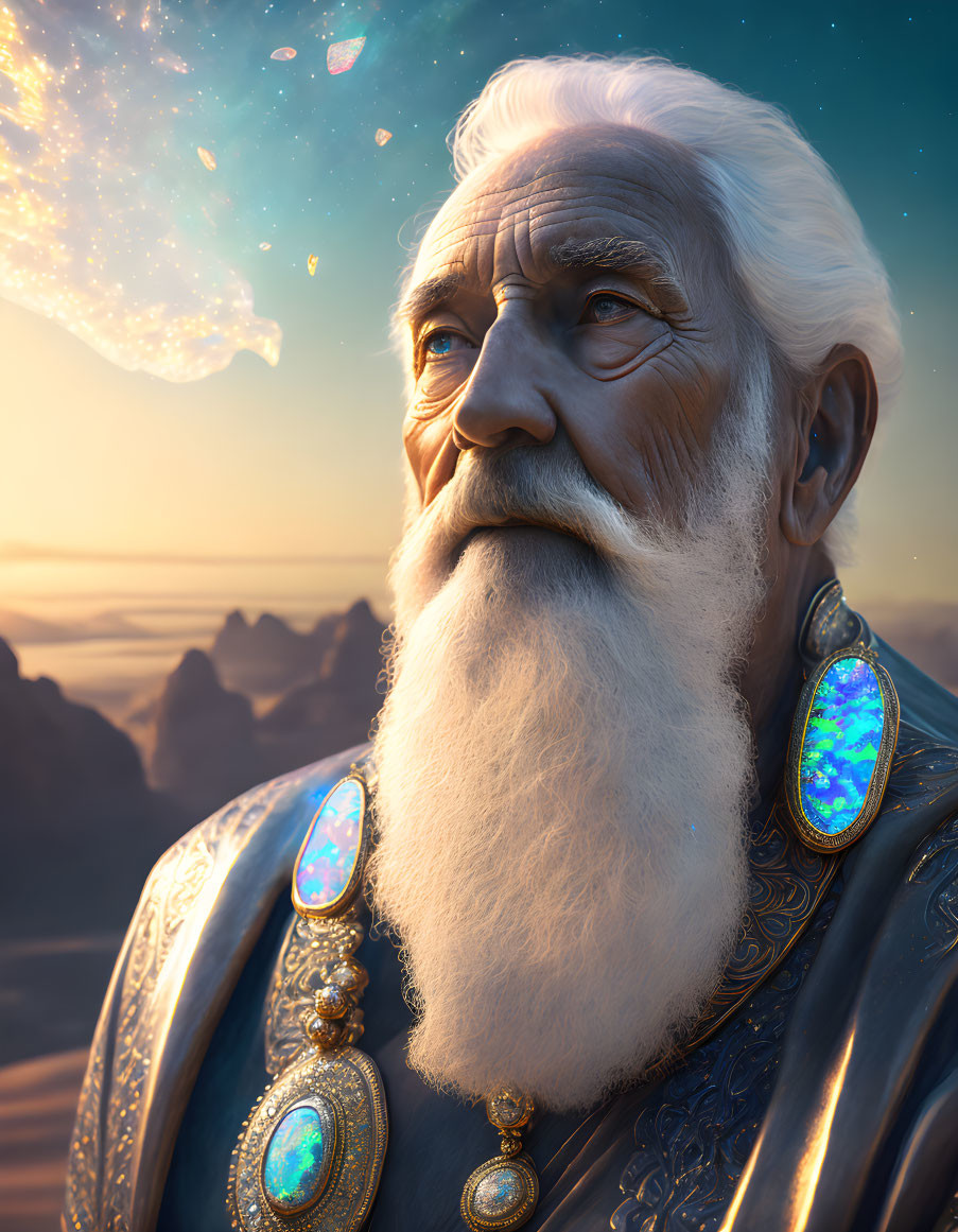 White-bearded elder in royal attire gazes at cosmic event above rocky landscape