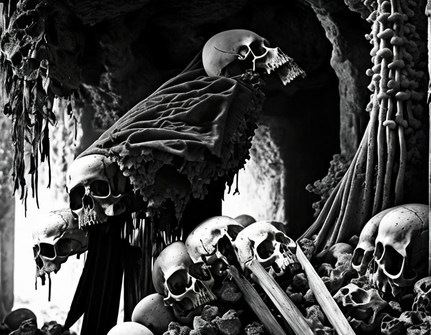 Monochrome image of eerie skull and bone arrangement