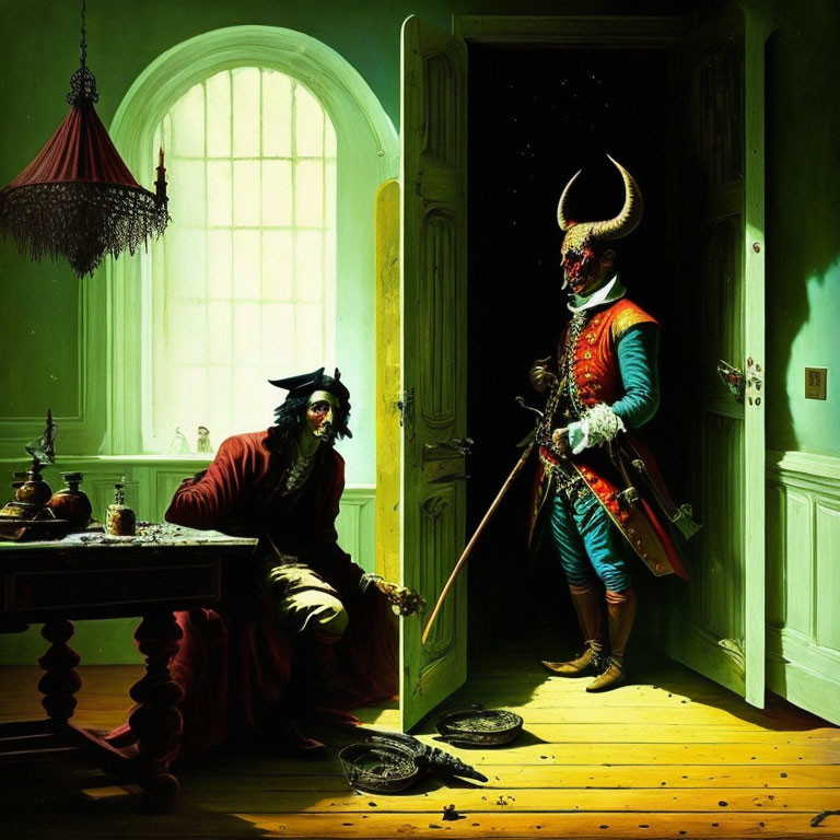 Pirate and military figures in ornate attire at table in room with arched window