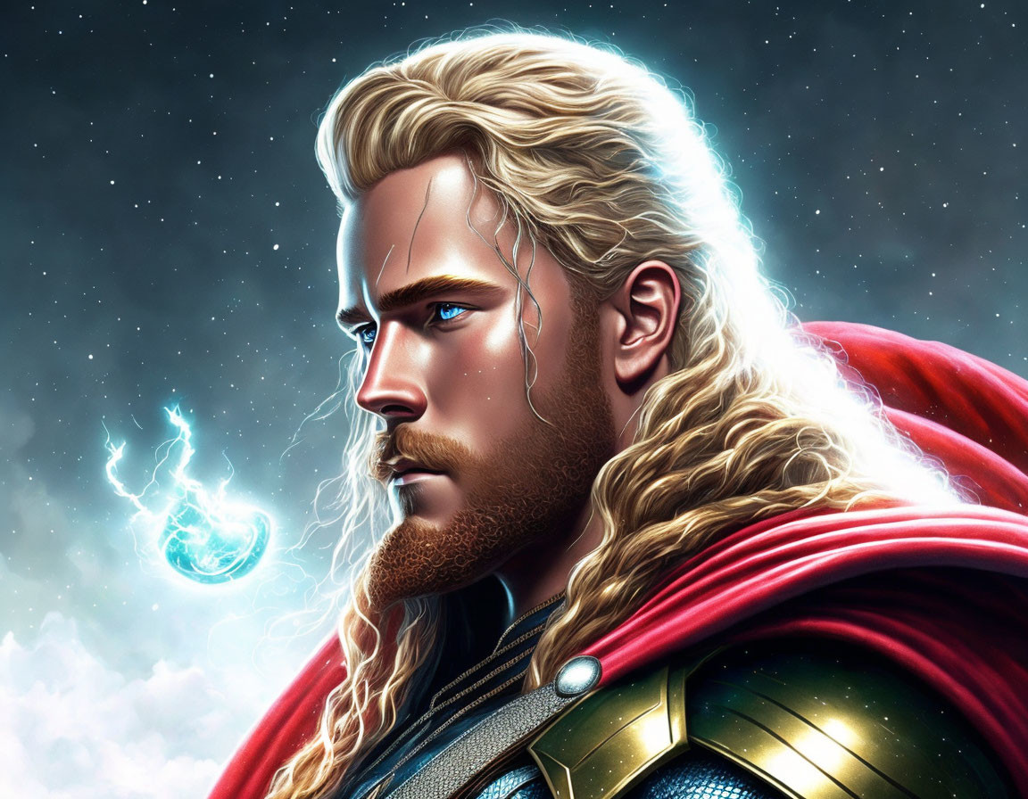 Male superhero digital art: blonde hair, red cape, cosmic backdrop, lightning bolt.