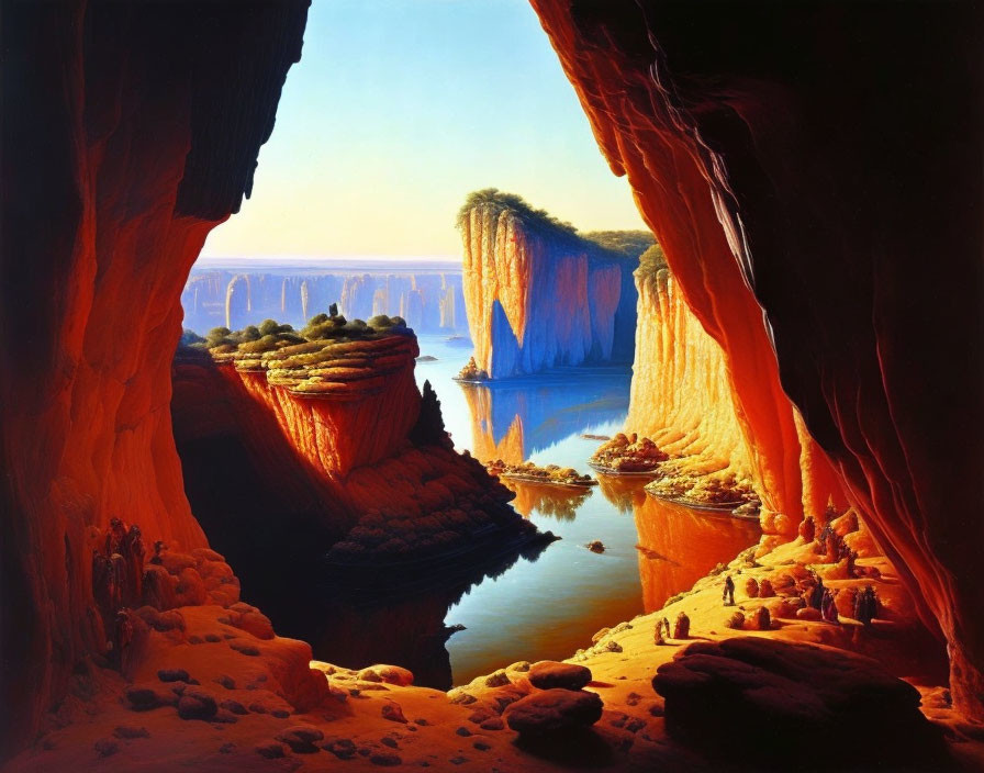 Sunlit canyon painting with steep walls, river, and lush trees