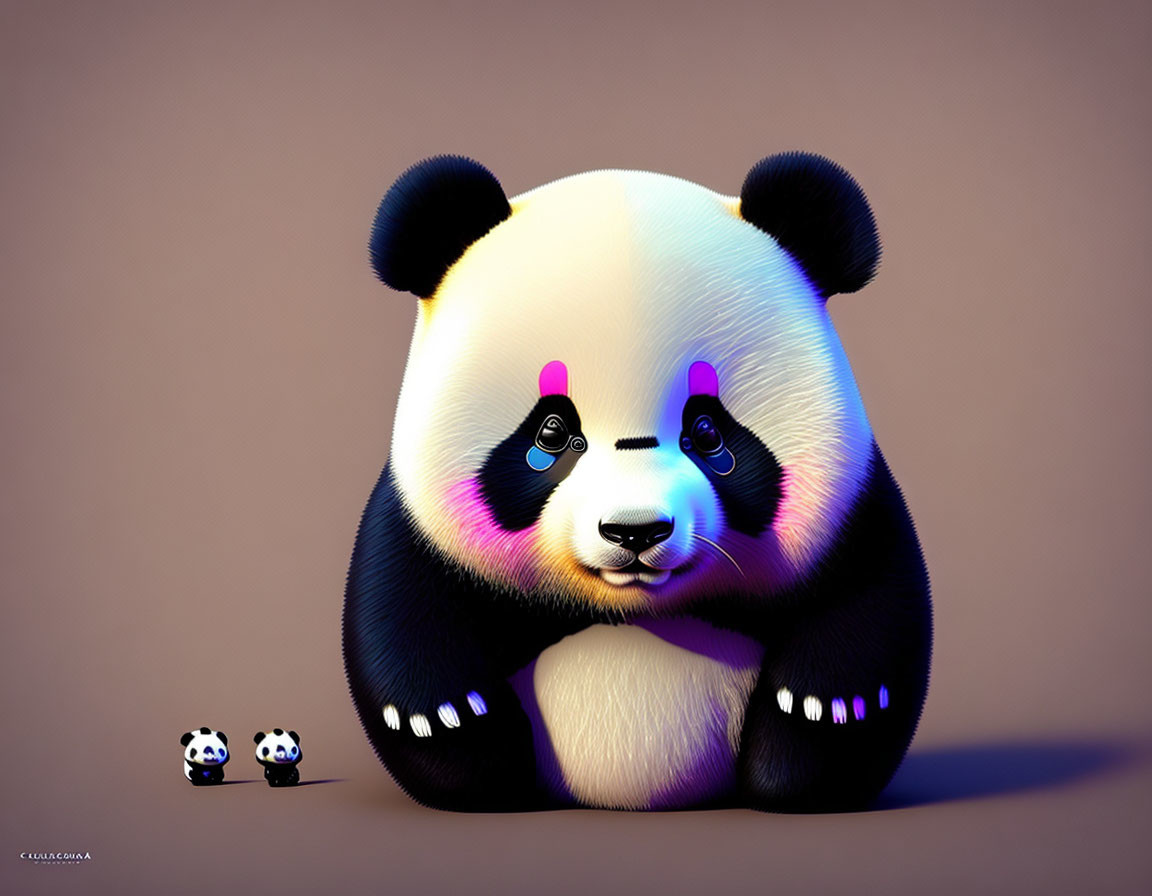 Vivid blue and pink stylized panda illustration with tiny companions