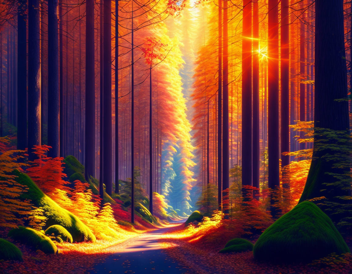 Golden sunlight illuminates vibrant forest path.