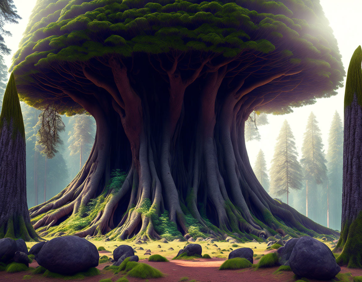 Majestic oversized tree in mystical forest surrounded by lush greenery