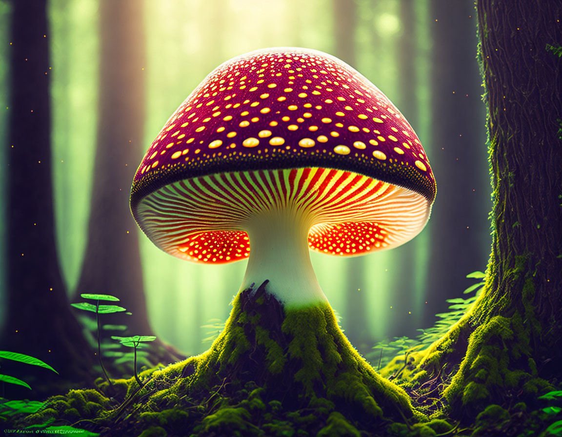 Red mushroom with white spots on green moss in sunlit forest