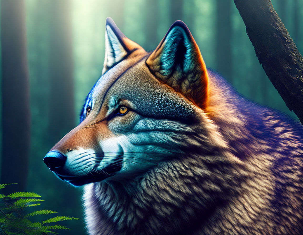 Detailed Wolf Illustration in Enchanting Forest Scene