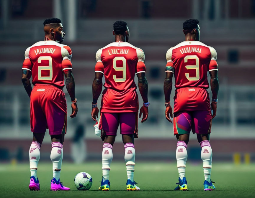 Three soccer players in red kits with visible names and numbers on jerseys