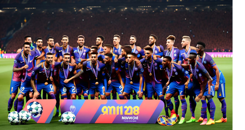 Blue and purple football team in group photo with "BSINNIG" ad, footballs,