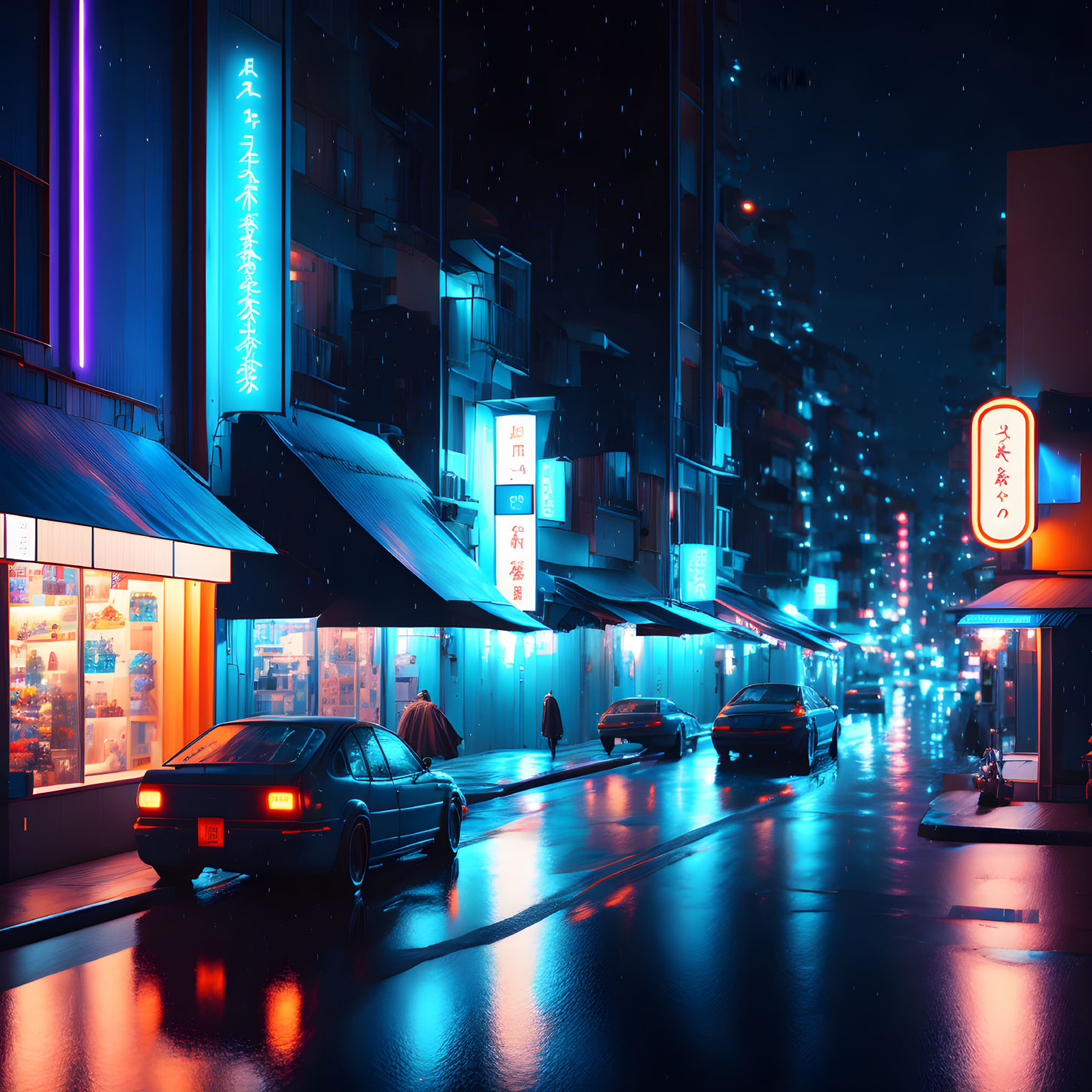 Neon-lit Japanese street scene at night with glowing signs, parked cars, and person with umbrella