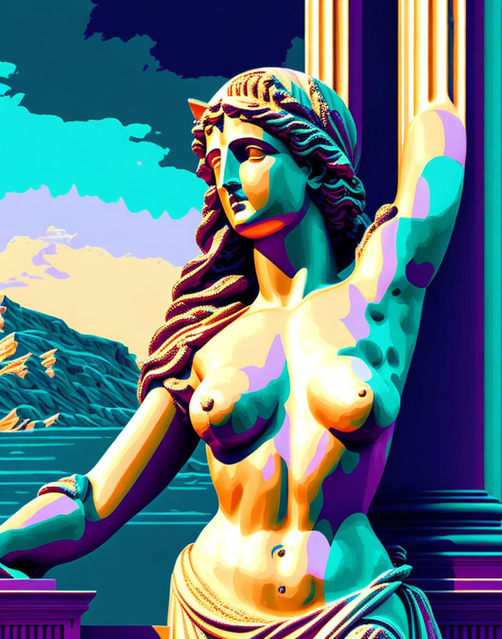 Colorful digital art: Classical female statue in neon hues against surreal background