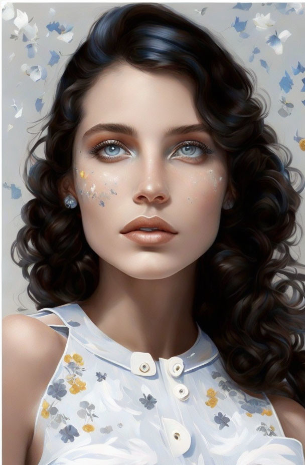 Portrait of a woman with blue eyes, curly hair, freckles, and floral elements