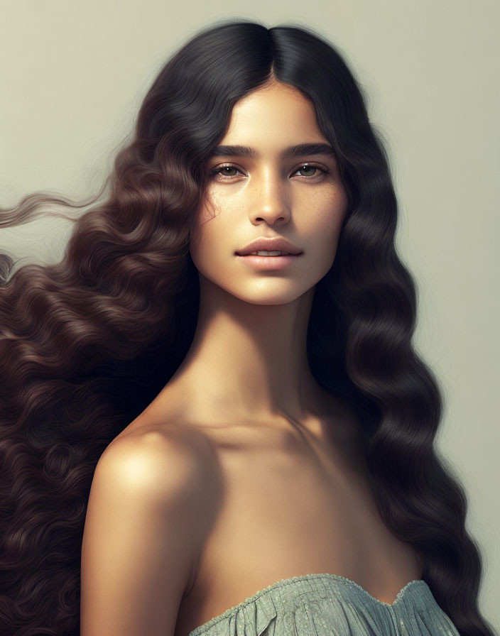 Portrait of Woman with Long Wavy Brown Hair and Subtle Smile