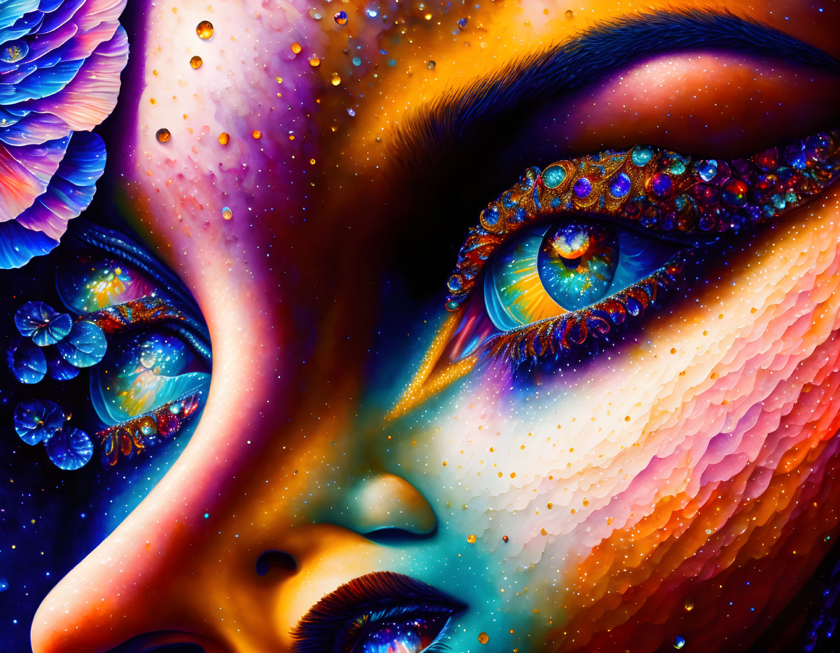 Colorful surreal portrait of a woman with cosmic theme