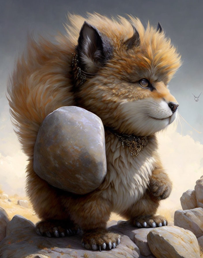 Anthropomorphic fox with fluffy tail and hammer on rocks