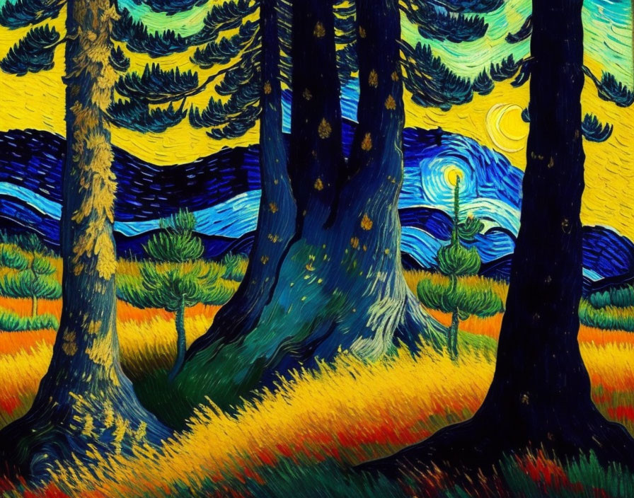 Colorful forest painting with swirling yellow skies and starry night backdrop