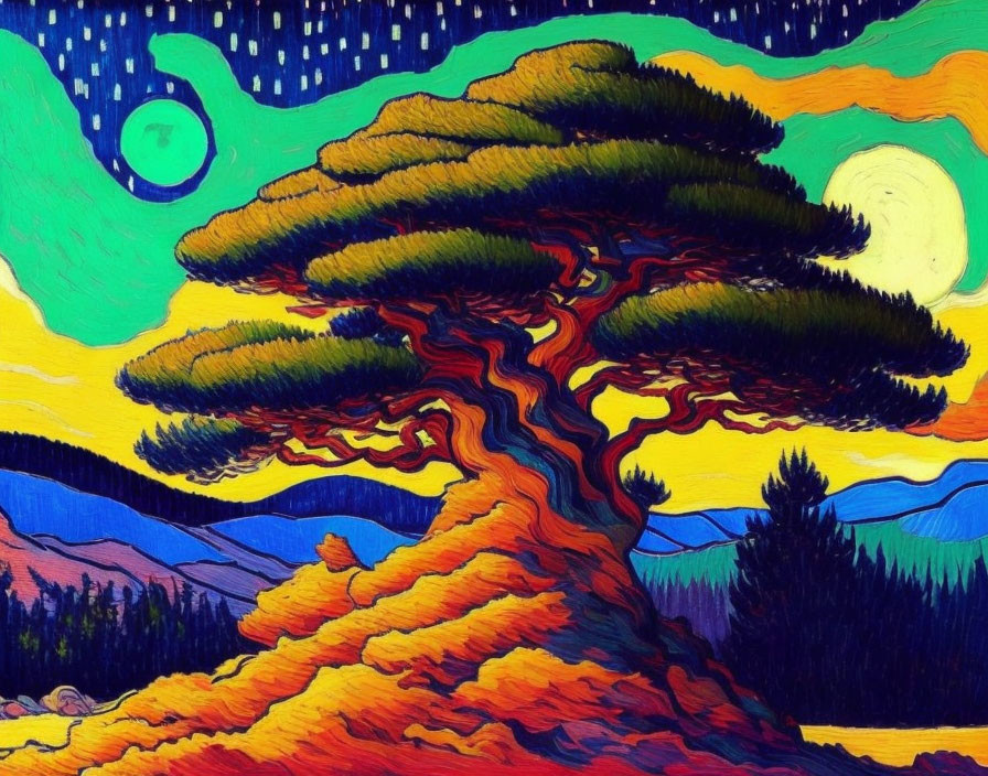 Colorful Tree Painting with Crescent Moon and Rolling Hills