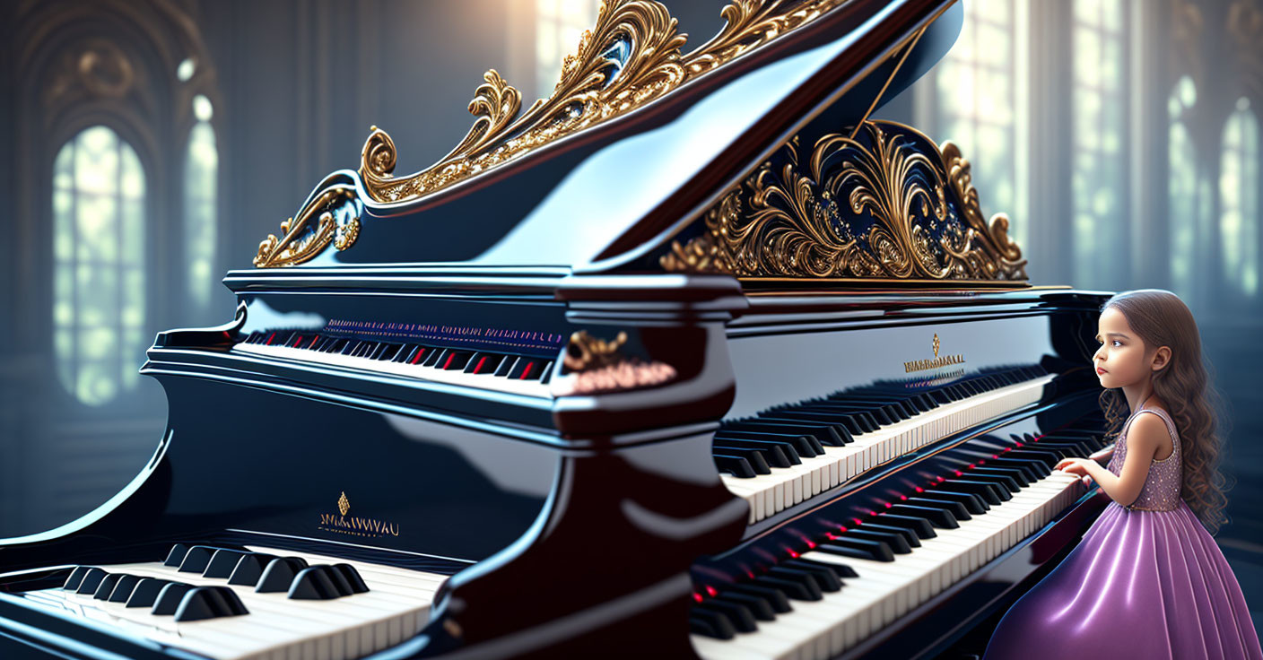 Young girl playing grand piano in opulent sunlit room