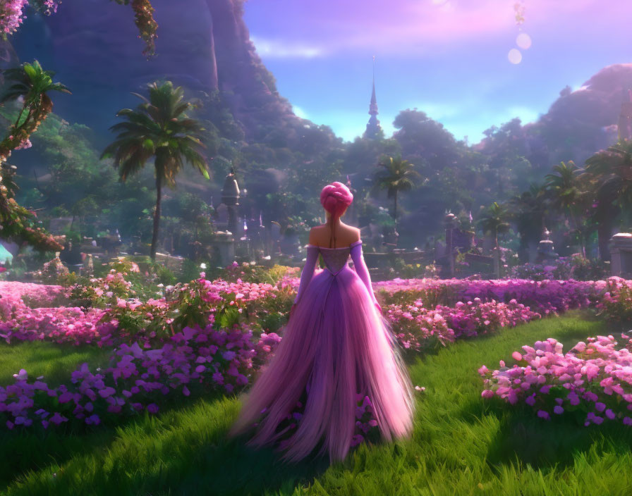 Pink-haired person gazes at vibrant garden with purple flowers and distant spires.