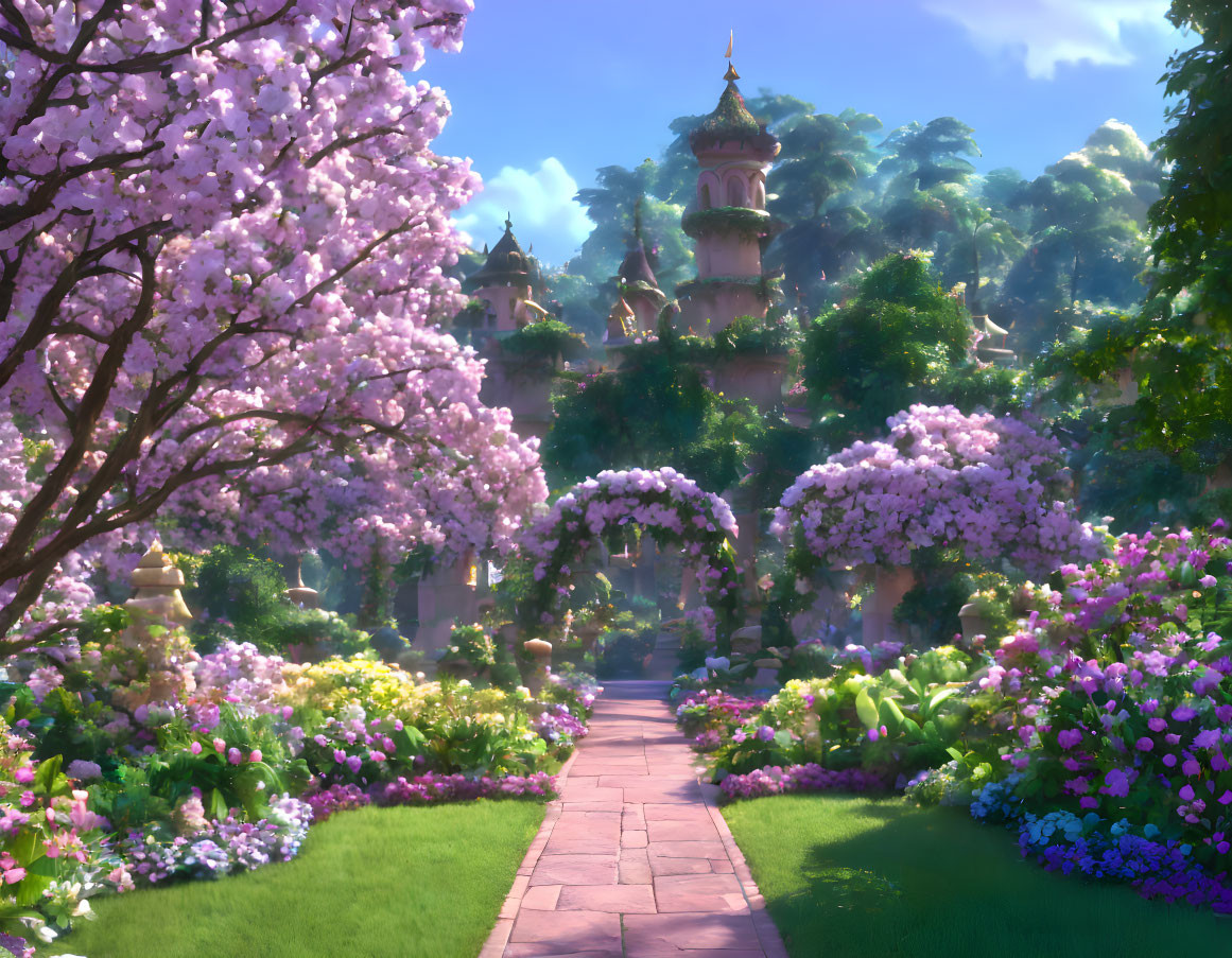 Enchanting garden path with pink trees and castle in lush surroundings