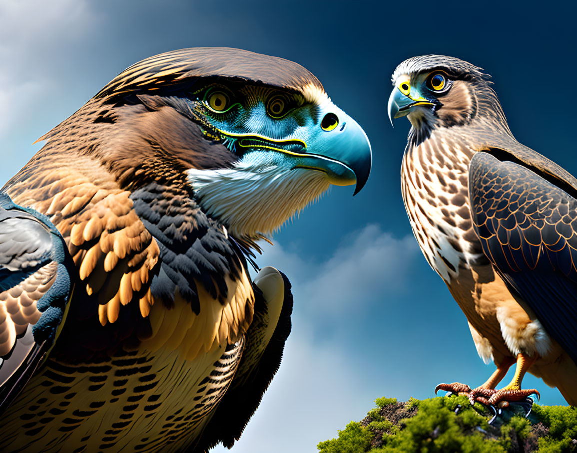 Vividly Colored Eagles Against Blue Sky