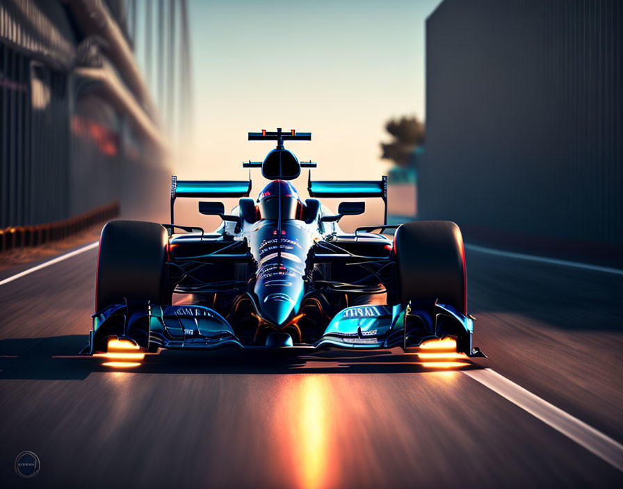 Speeding Formula 1 car with glowing brake discs on track