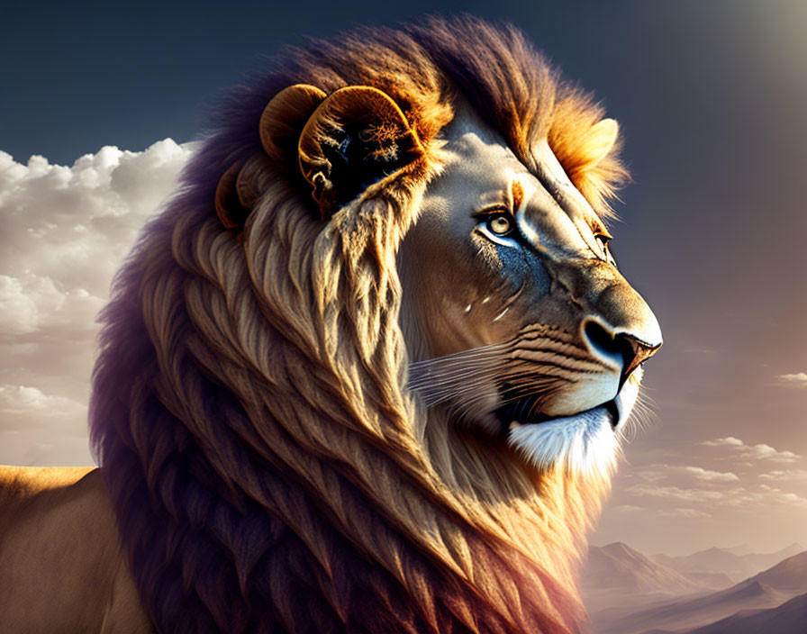 Majestic lion with flowing mane in mountain landscape