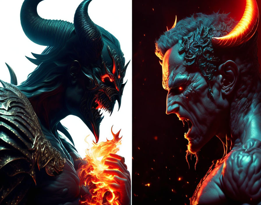 Fantasy demonic figures with horns and fireball in vibrant red tones