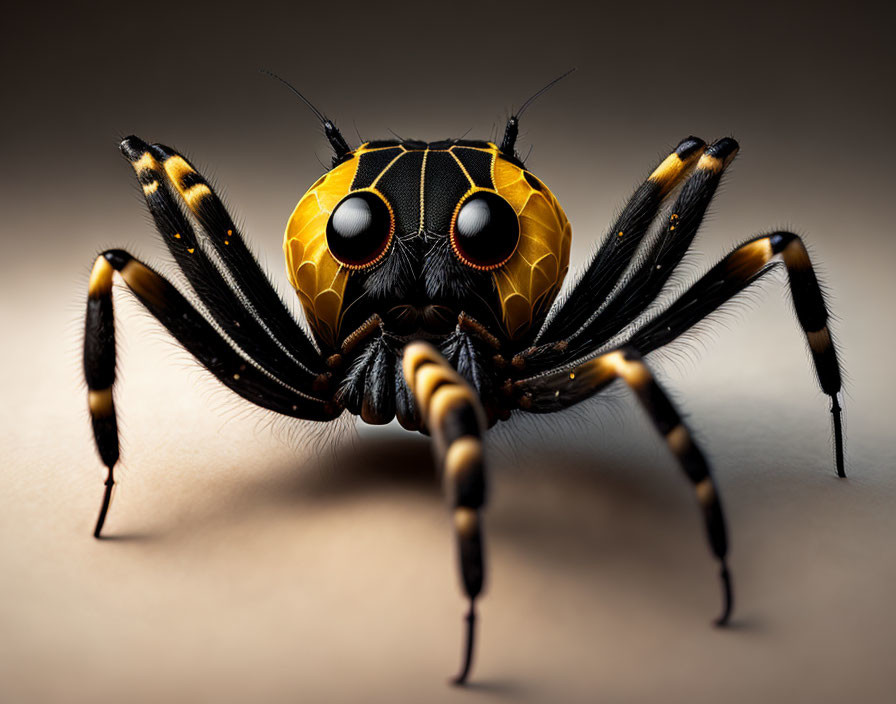 Detailed Close-Up of Spider with Yellow Patterns and Prominent Eyes