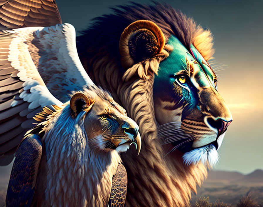 Composite image of lion, eagle wing, and cheetah against dramatic sky