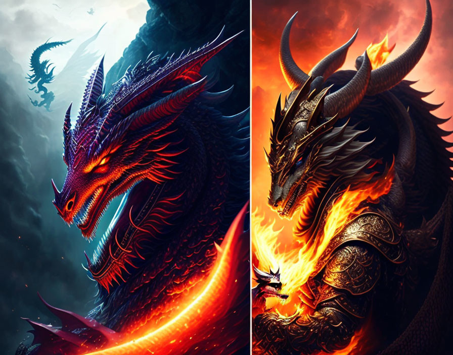 Two fierce dragon artworks: one fiery red against stormy backdrop, the other armored and menacing.