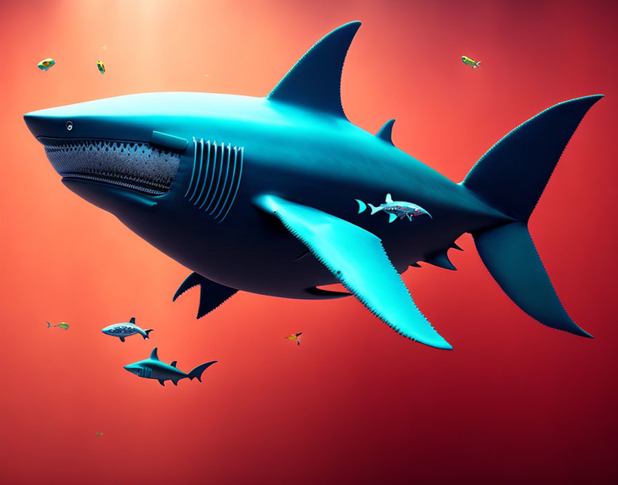 Large Blue Shark Swimming Among Small Fish on Warm Red Background