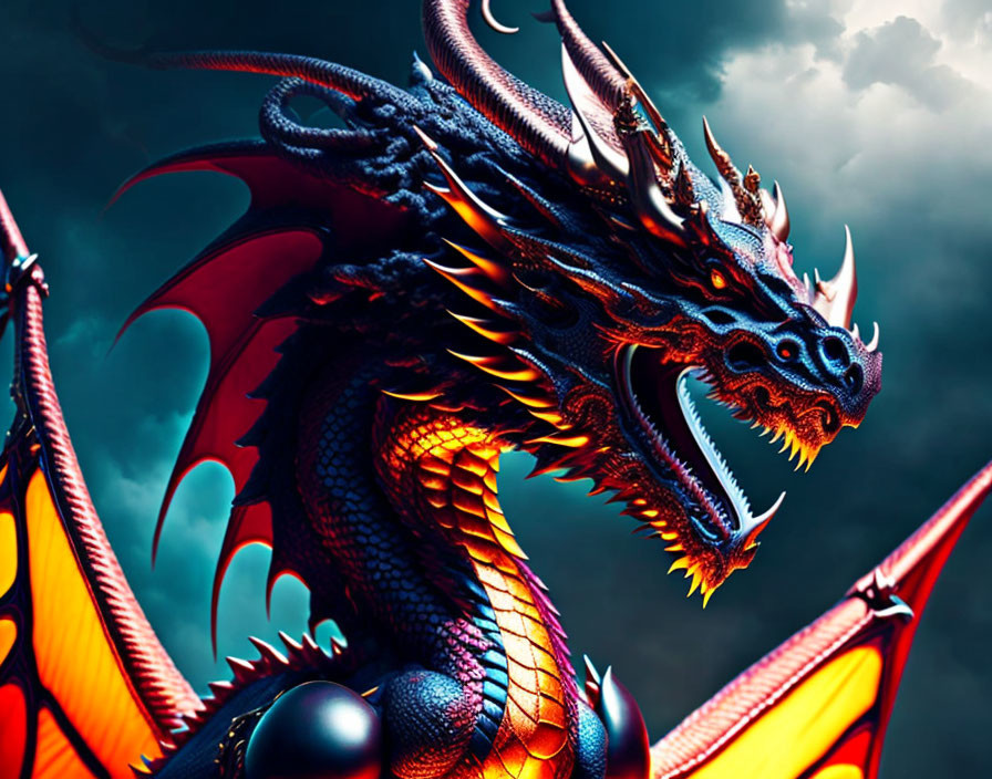 Multi-headed red and black dragon digital artwork against dark blue sky