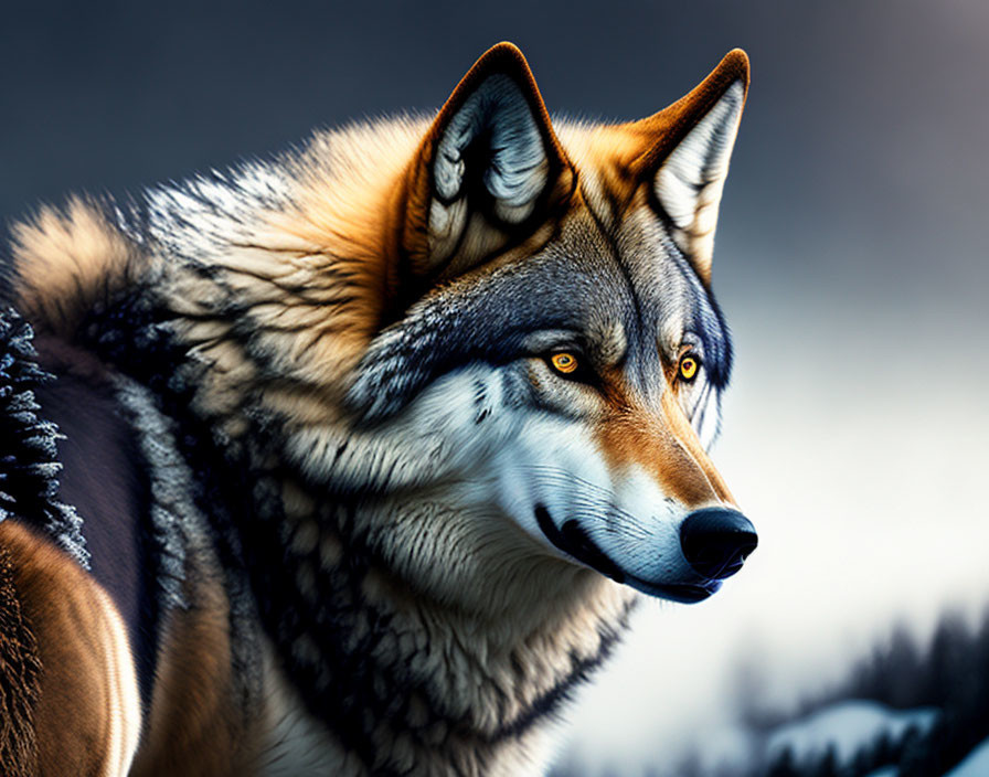 Close-Up of Wolf with Vivid Yellow Eyes and Thick Fur in Twilight Setting