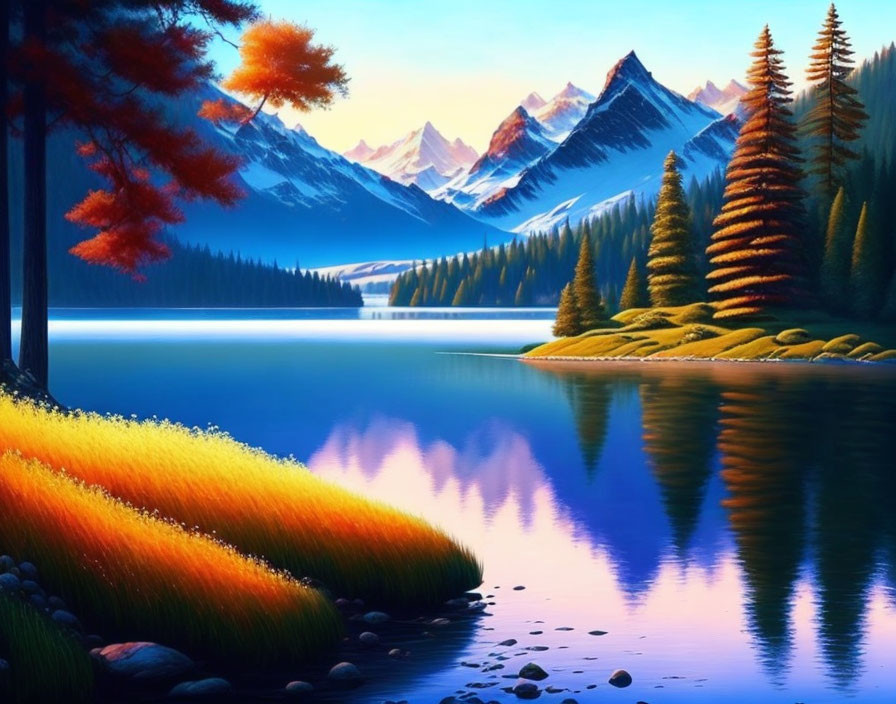 Colorful Autumn Trees Reflecting in Serene Lake with Snow-Capped Mountains