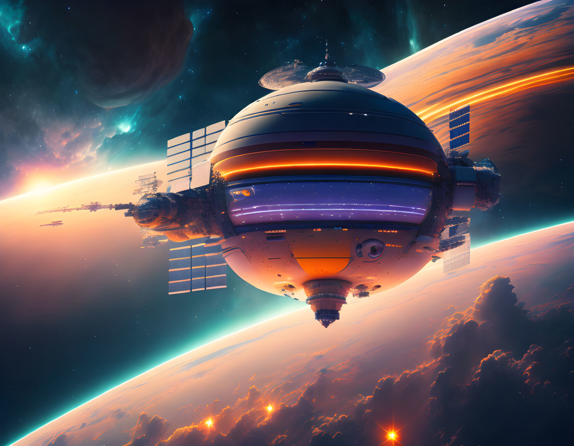 Futuristic space station orbiting planet with glowing horizon