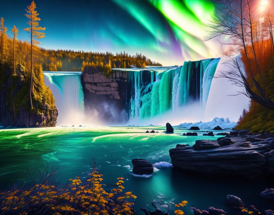 Majestic waterfall under vibrant aurora borealis