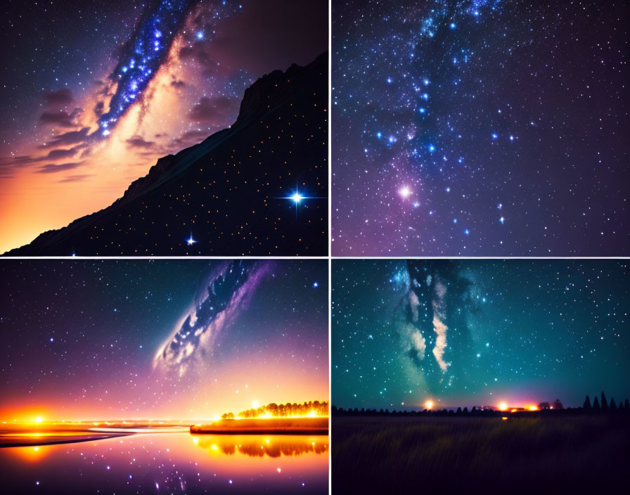 Night Sky Collage with Stars, Galaxies, and Milky Way over Landscapes