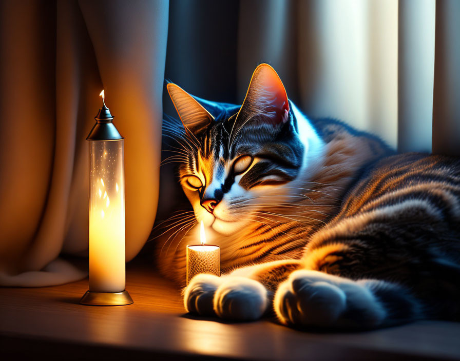 Cat resting beside a lit candle in warm light