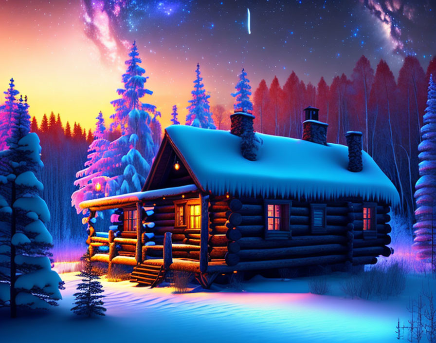 Snowy forest log cabin under starry sky with shooting star