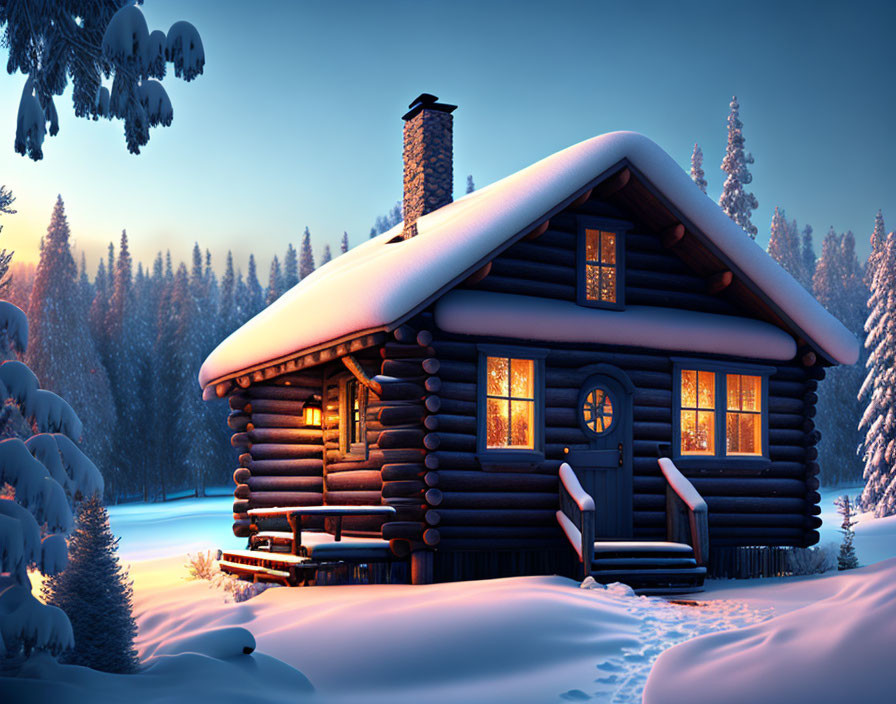 Snow-covered log cabin in tranquil snowy forest at dusk