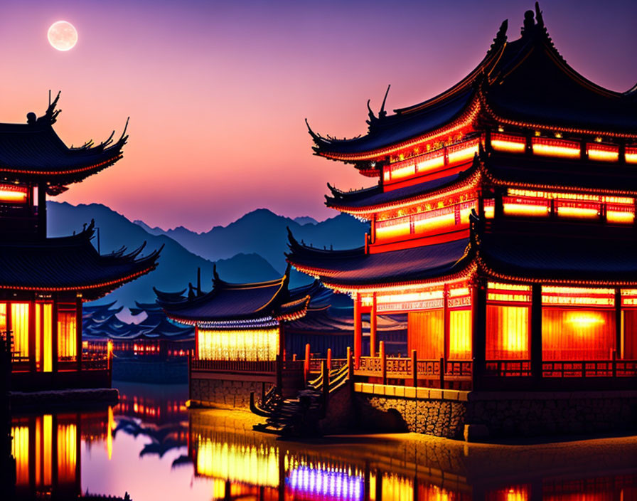 Traditional Asian architecture with red lanterns, water, mountains, and a full moon at dusk.