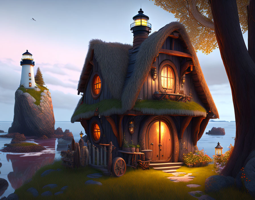 Illustration: Cozy cottage with lighthouse by the sea at twilight