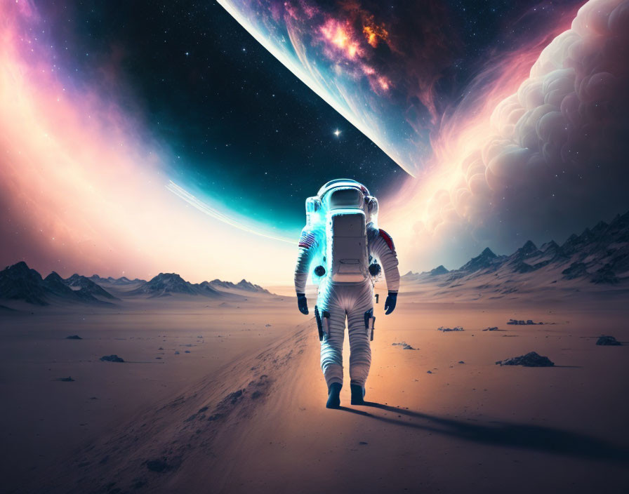 Astronaut exploring alien landscape under cosmic sky.