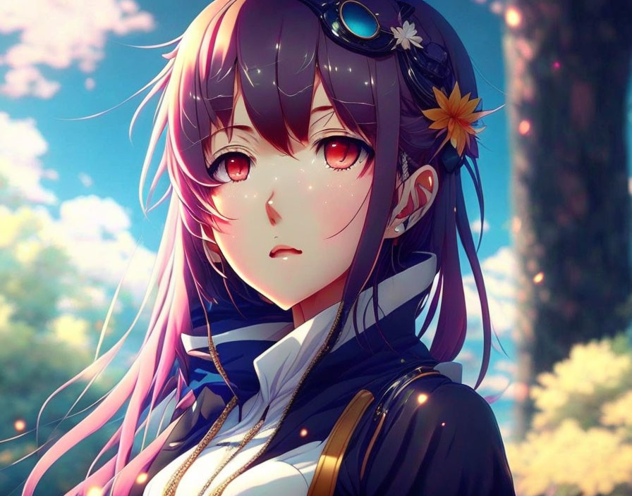 Purple-Haired Anime Girl with Amber Eyes and Floral Accessories in Sunlit Nature Scene