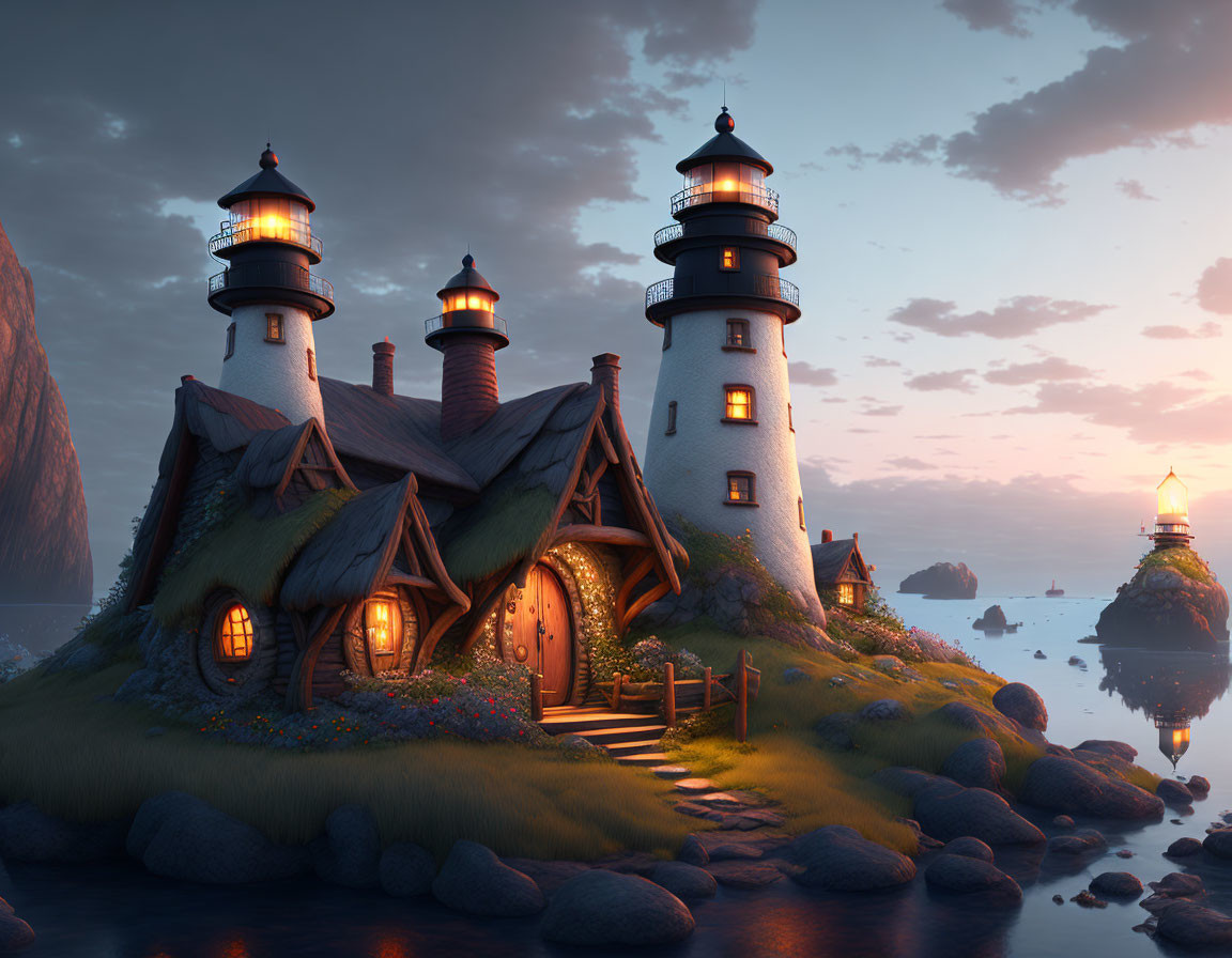 Coastal cottage-integrated lighthouse at dusk surrounded by rocks, lanterns, and ships