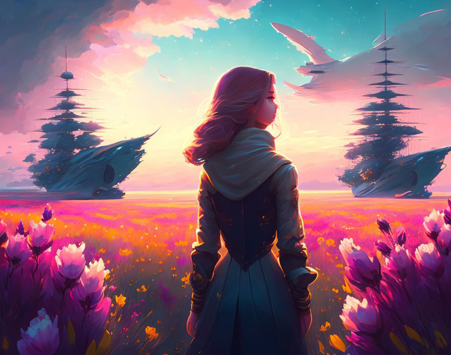 Woman in vibrant flower field at sunset with futuristic flying ships and floating trees.