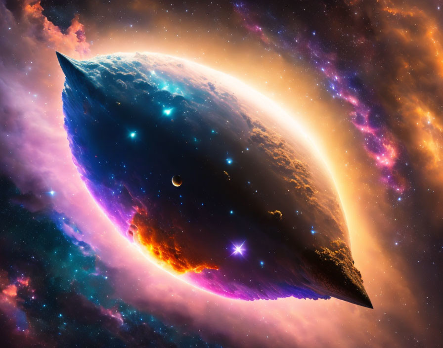 Colorful Crescent Celestial Body in Nebula with Star Edge