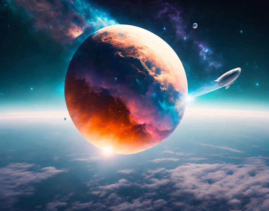 Colorful alien planet above Earth with spaceship in orbit