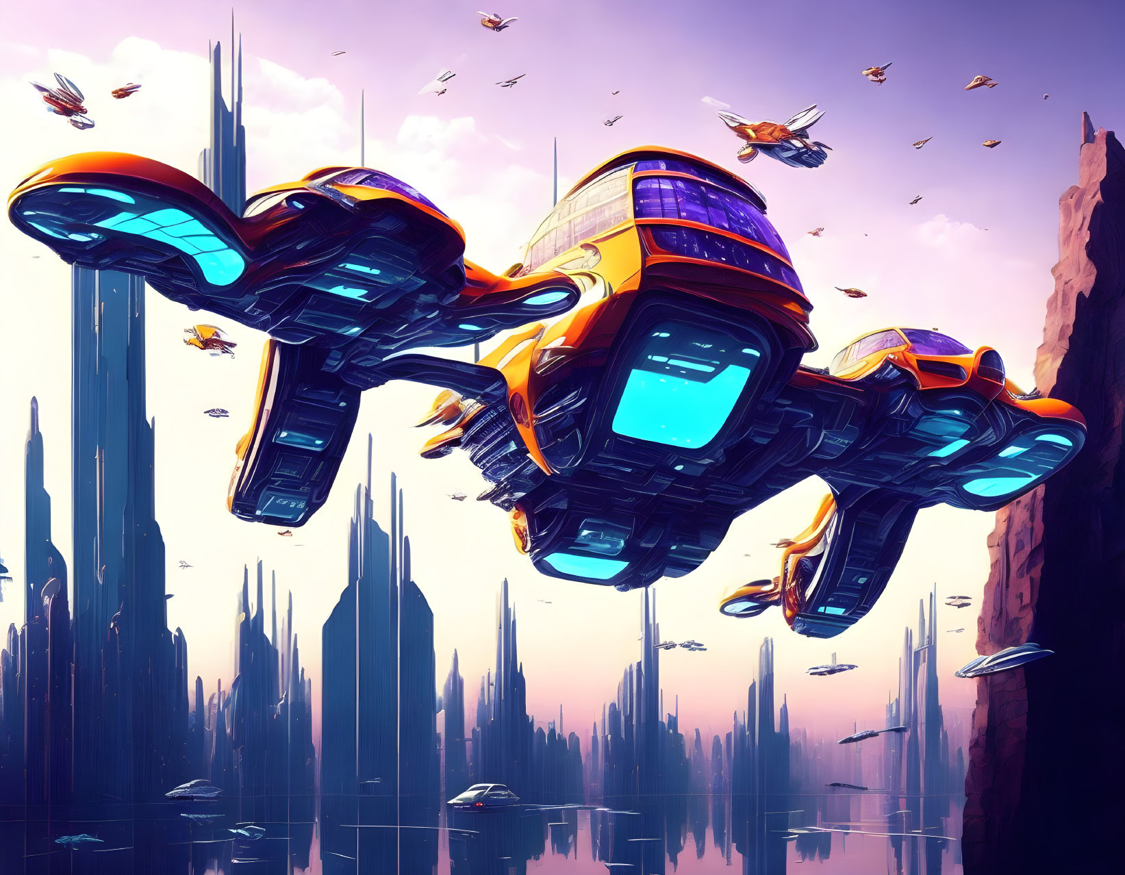 Futuristic cityscape with tall spires and flying vehicles under purple sky